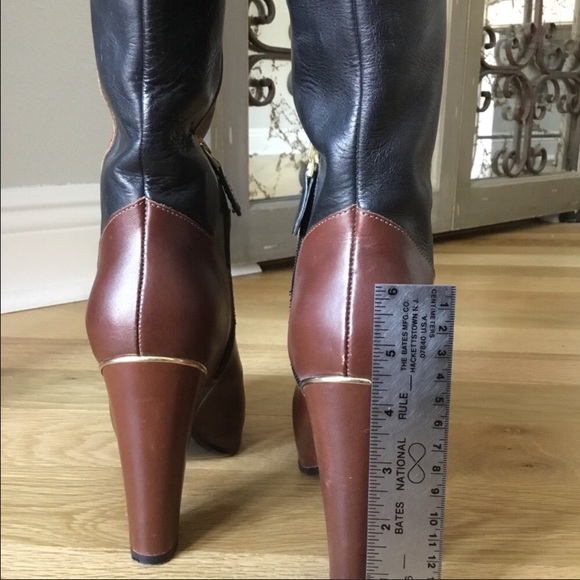 Two Tone Black & Brown Knee High Leather Boots with Gold Accents - Picture 4 of 11